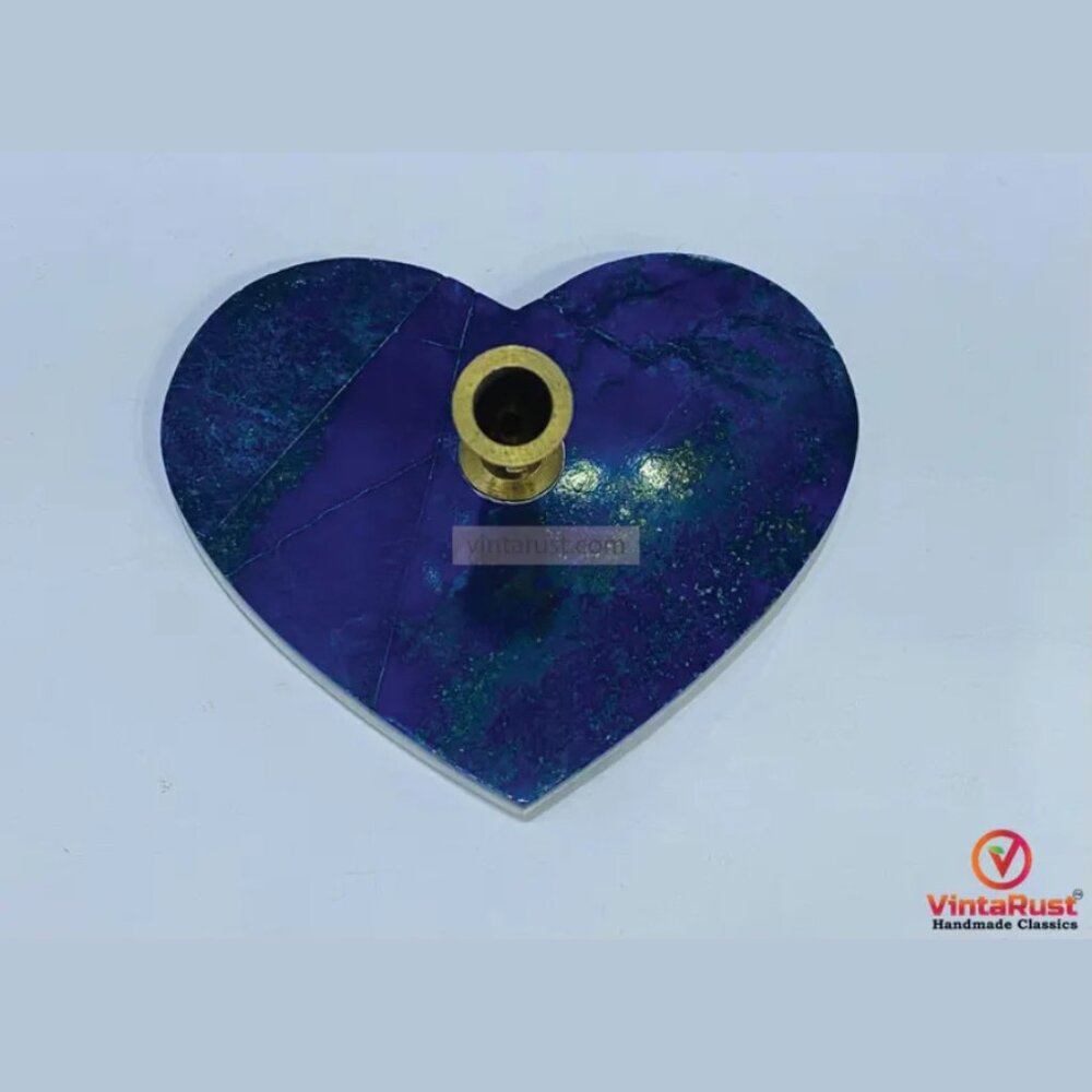 Heart Shaped Lapis Lazuli Pen Holder: Handmade Brass Desk Accessory - Picture 4 of 4